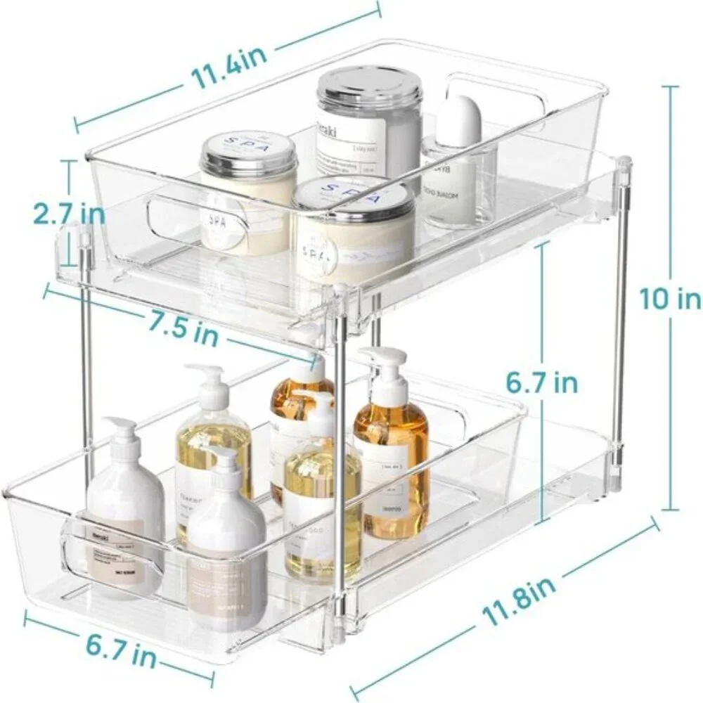 New 4-Pack 2-Tier Bathroom Organizer, Clear Under Sink & Cabinet Storage Bins